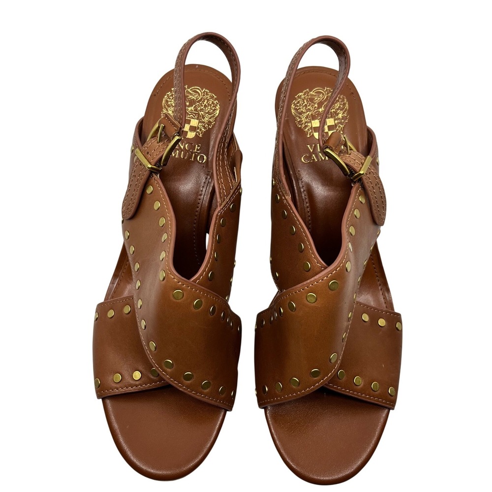 Vince Camuto Women's 8M Brown Leather Studded Cork Platform Wedge Sandals Boho